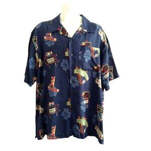 Vintage Men's Shirt Large L Hawaiian Hotel Motel Signs Aloha Rayon Blue